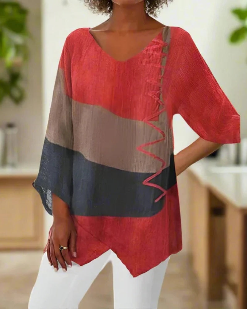 Women’s Asymmetric Tunic Blouse – Relaxed V-Neck Top for Everyday and Holiday Wear