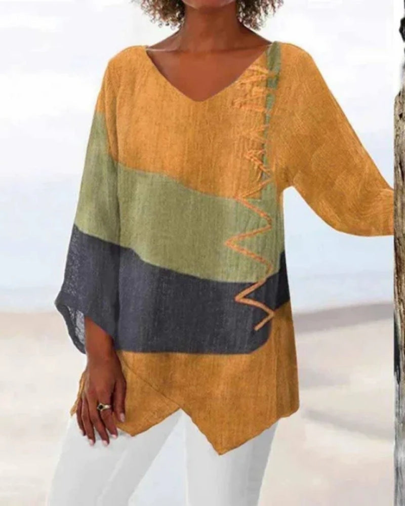 Women’s Asymmetric Tunic Blouse – Relaxed V-Neck Top for Everyday and Holiday Wear