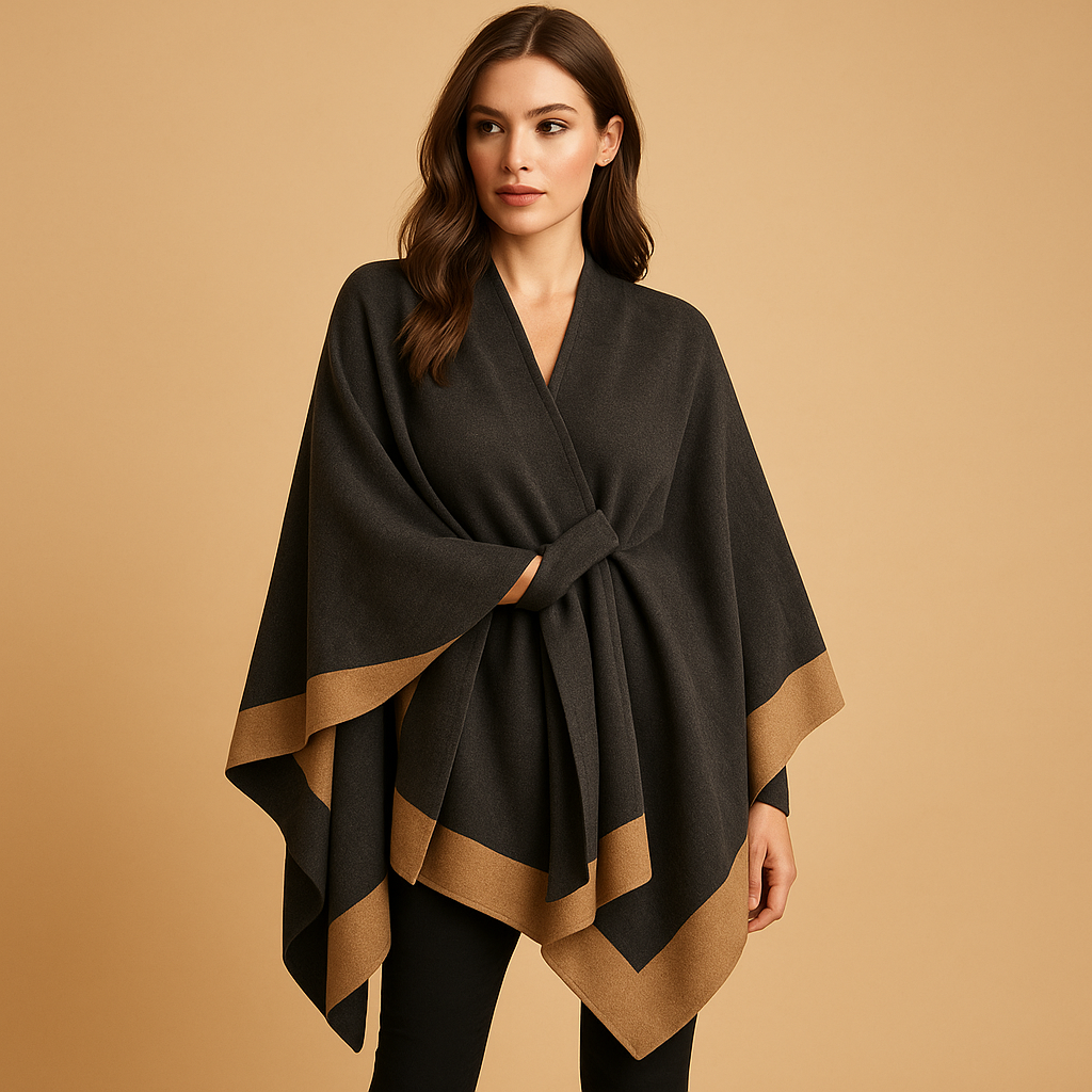 Women’s Knitted Poncho with Contrast Border and Open Sides – Relaxed Round-Neck Layer with Draped Hem for Autumn and Winter Outfits