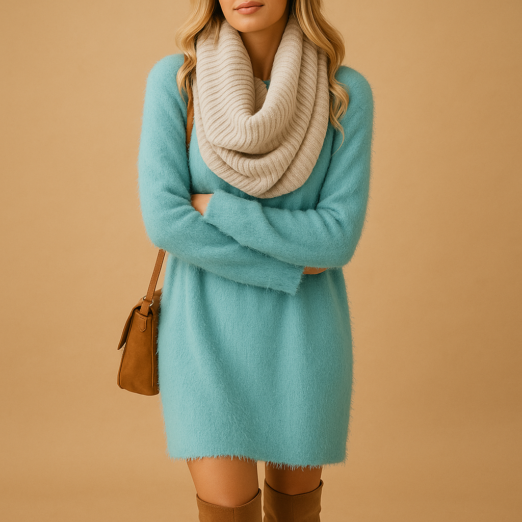 Women’s Knitted Mini Dress – Relaxed Long-Sleeve Style for Autumn Winter Casual Days Work and Smart Everyday Wear
