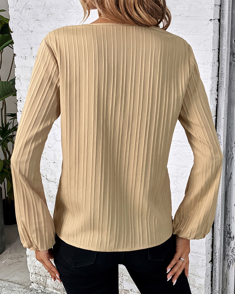 Top elegante da donna a maniche lunghe con scollo a V e maniche a palloncino, colore uniforme, per ufficio, casual e uso quotidiano