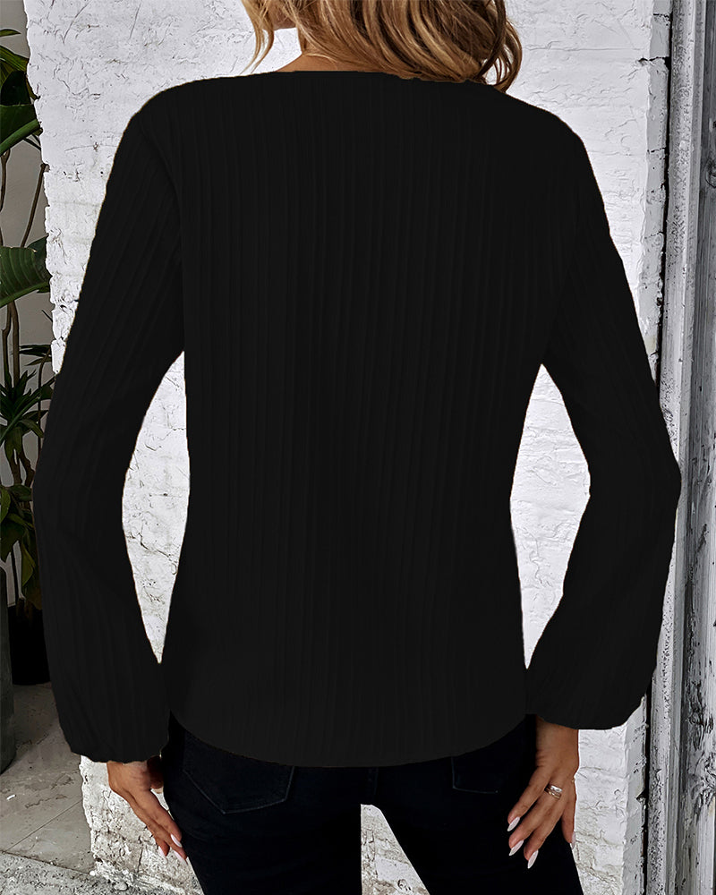 Top elegante da donna a maniche lunghe con scollo a V e maniche a palloncino, colore uniforme, per ufficio, casual e uso quotidiano