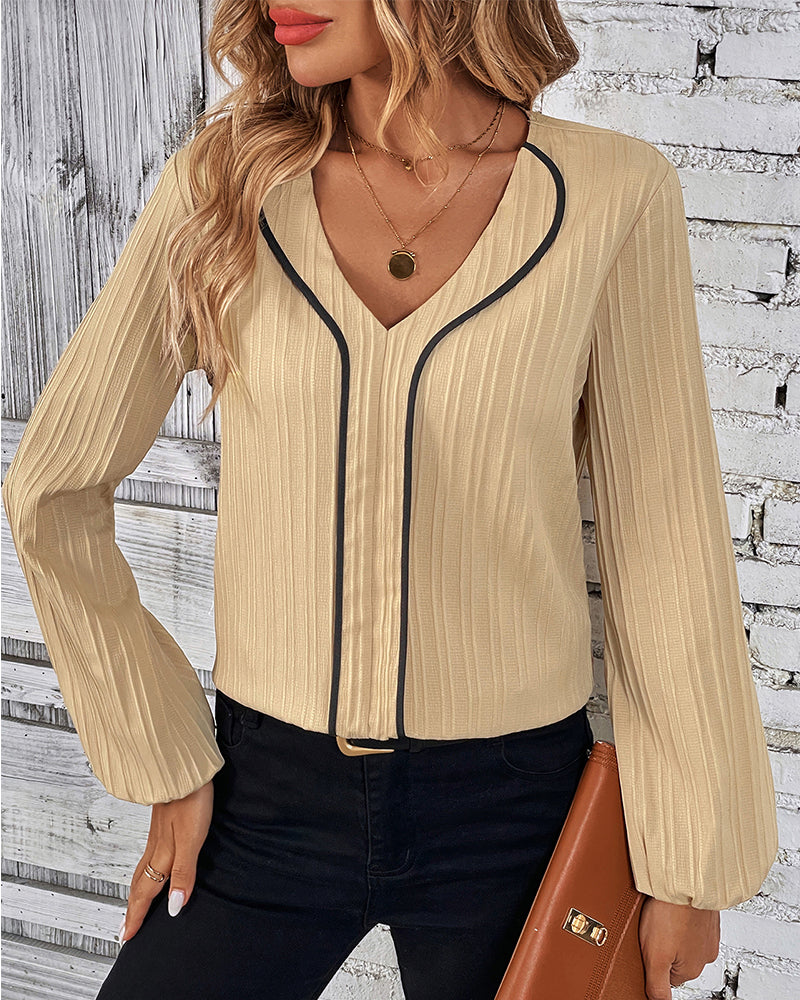 Top elegante da donna a maniche lunghe con scollo a V e maniche a palloncino, colore uniforme, per ufficio, casual e uso quotidiano