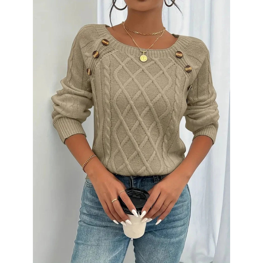 Women’s Cable Knit Sweater – Button Detail Long-Sleeve Style for Autumn and Winter Wear