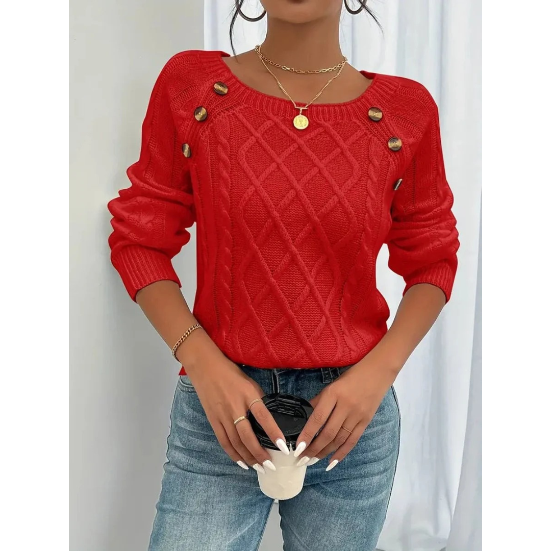 Women’s Cable Knit Sweater – Button Detail Long-Sleeve Style for Autumn and Winter Wear