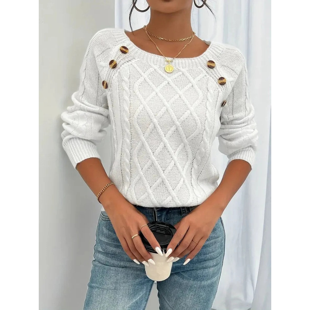 Women’s Cable Knit Sweater – Button Detail Long-Sleeve Style for Autumn and Winter Wear