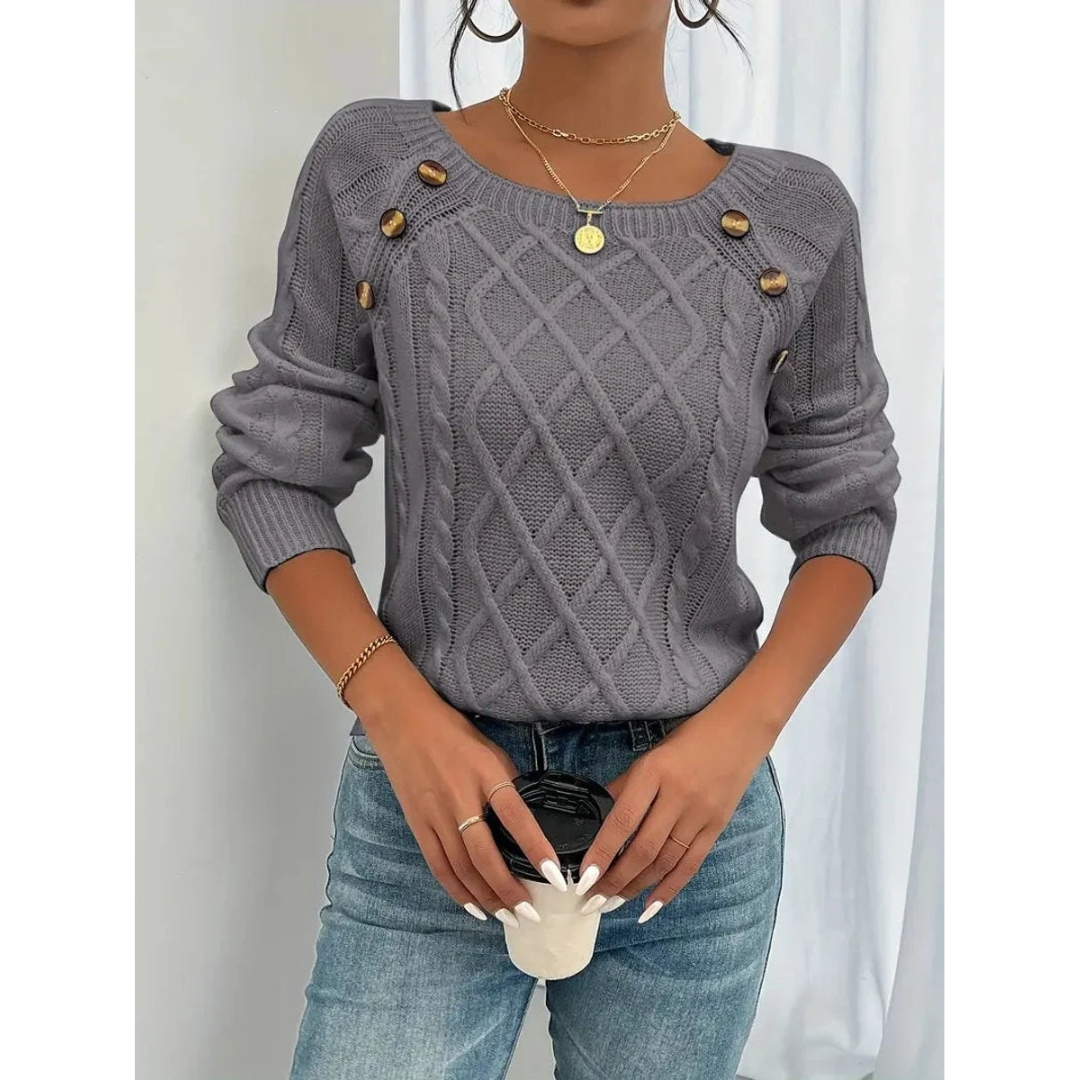 Women’s Cable Knit Sweater – Button Detail Long-Sleeve Style for Autumn and Winter Wear