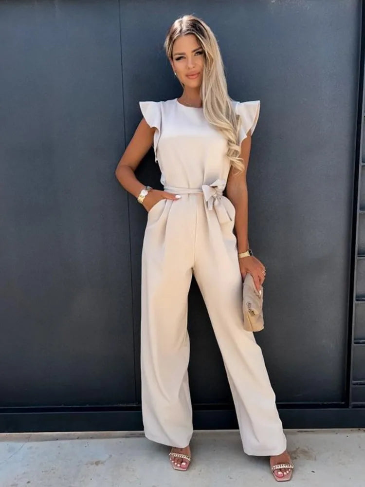 Women’s Ruffle Sleeve Jumpsuit with Belt Elegant Flattering Fit Casual Smart Occasion Wide Leg Style