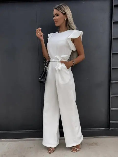 Women’s Ruffle Sleeve Jumpsuit with Belt Elegant Flattering Fit Casual Smart Occasion Wide Leg Style