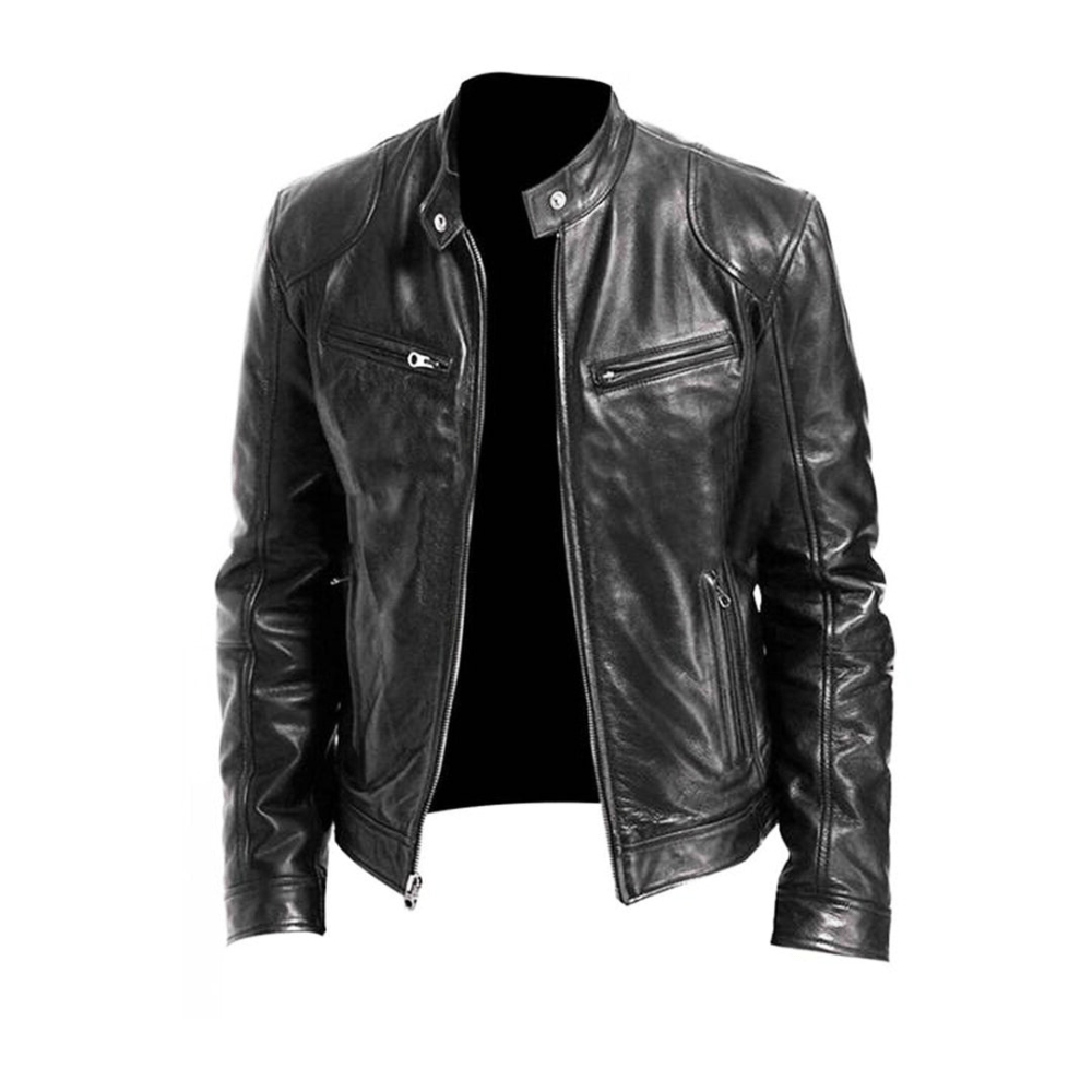 Men’s Band-Collar Leather Jacket – Streamlined Racer Layer for Smart Casual Wear