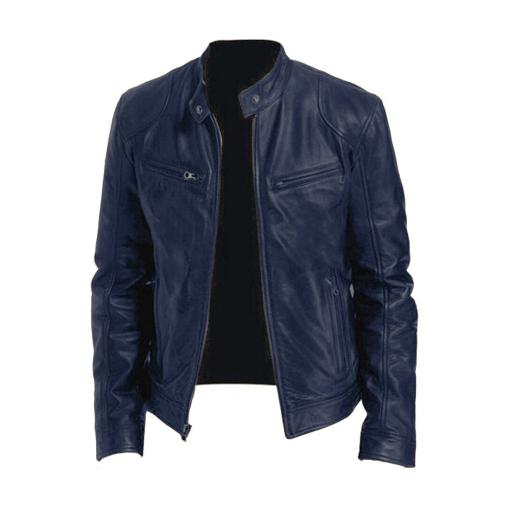 Men’s Band-Collar Leather Jacket – Streamlined Racer Layer for Smart Casual Wear