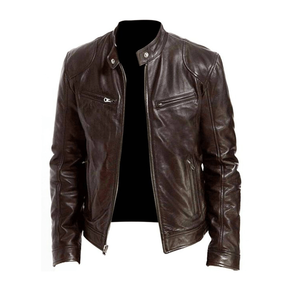 Men’s Band-Collar Leather Jacket – Streamlined Racer Layer for Smart Casual Wear