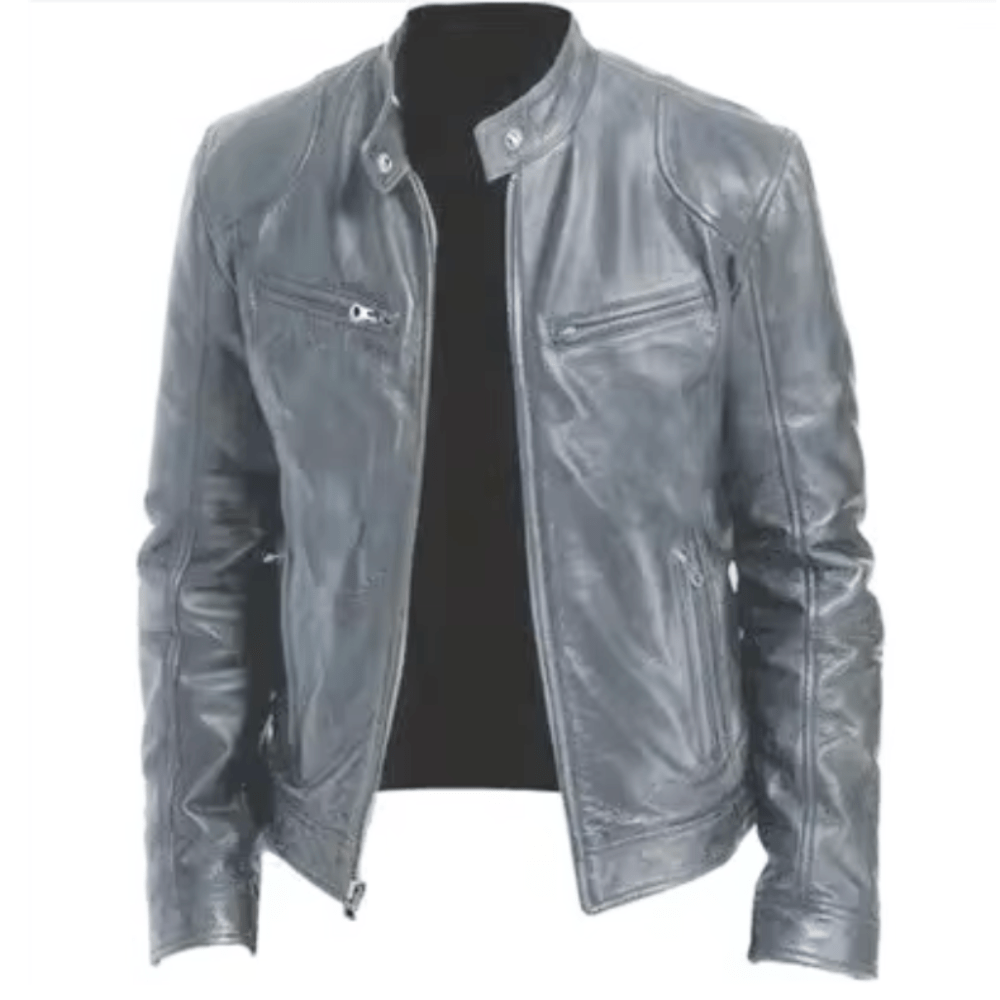 Men’s Band-Collar Leather Jacket – Streamlined Racer Layer for Smart Casual Wear