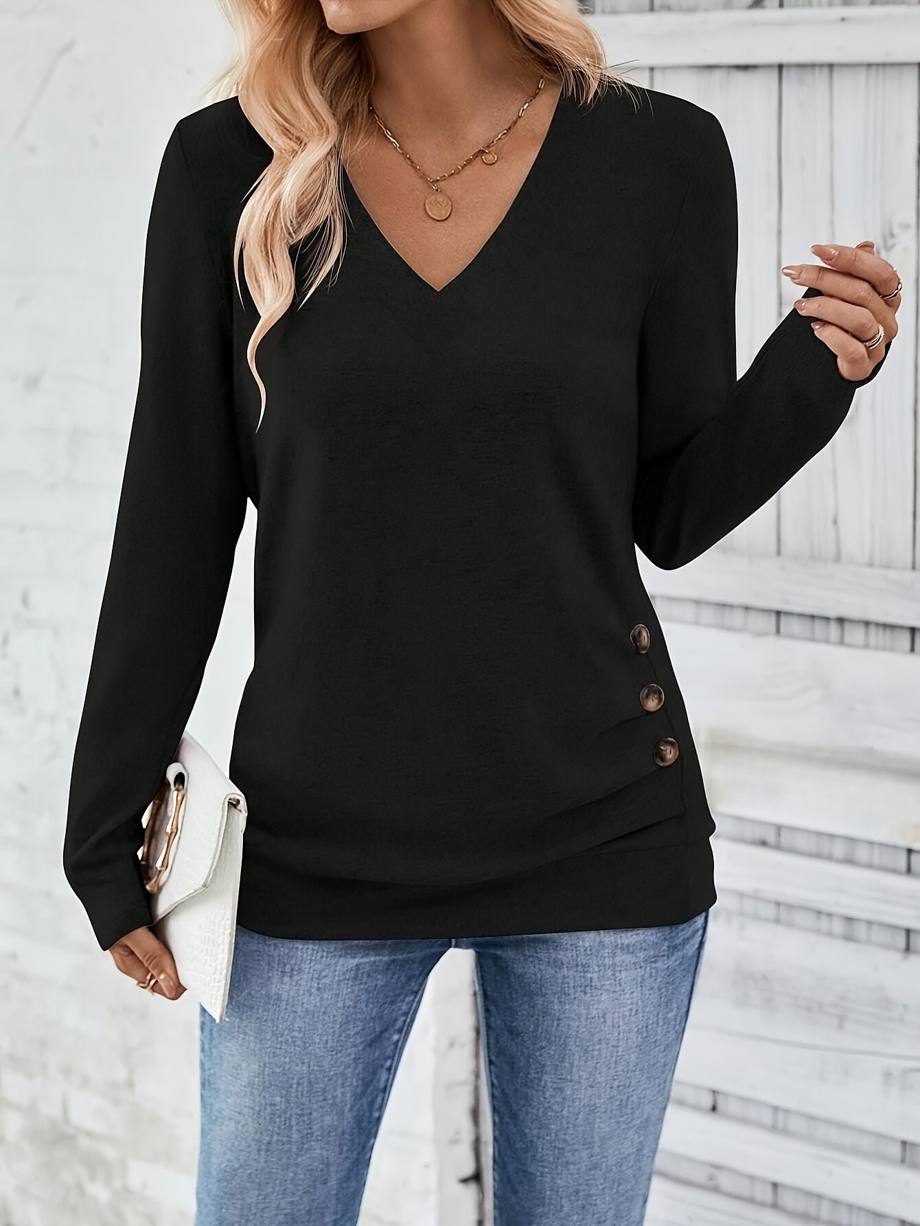 Women’s Elegant V Neck Long Sleeve T Shirt with Button Detail, Soft Cotton Blend and Casual Smart Everyday Wear