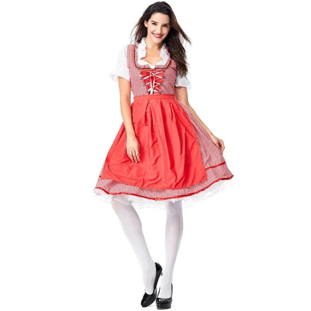 Dámské tradiční dirndl šaty – festivalové šaty s korzetovým živůtkem vpředu a širokou zástěrovou sukní
