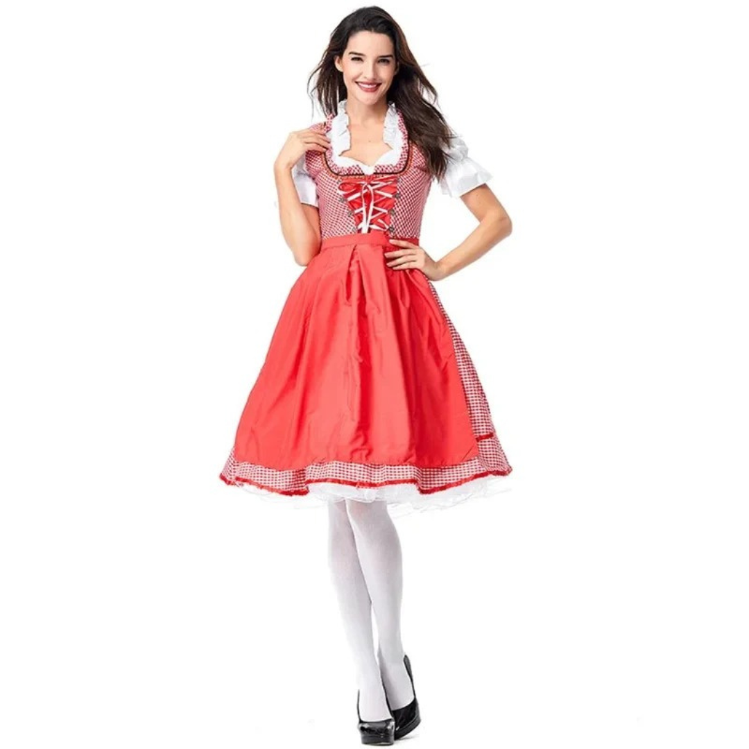 Dámské tradiční dirndl šaty – festivalové šaty s korzetovým živůtkem vpředu a širokou zástěrovou sukní