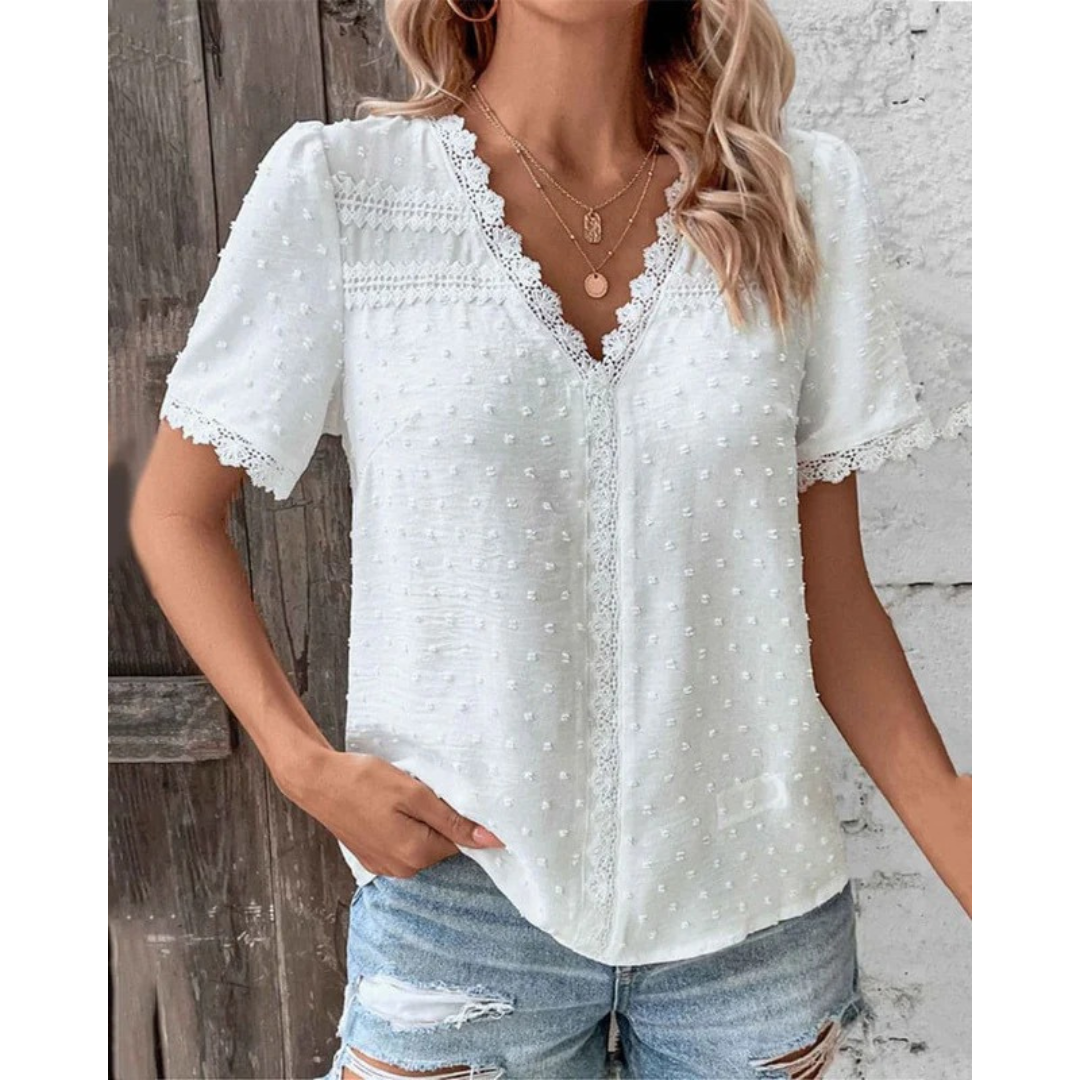 Women’s Textured Lace Blouse – V-Neck Short-Sleeve Summer Top for Holidays and Everyday Wear