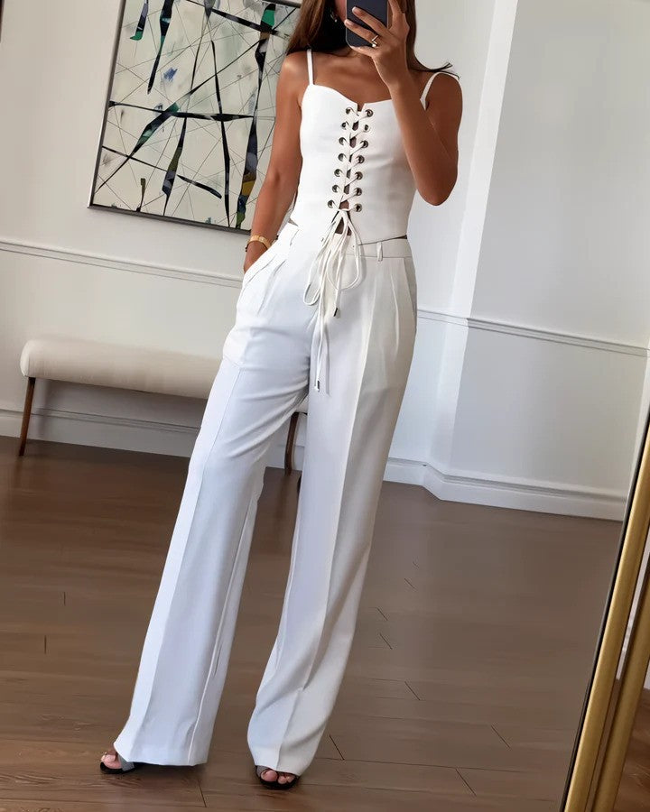 Compleu de damă din două piese, cu top tip corset și pantaloni largi – stil croit fără mâneci, cu șireturi, pentru evenimente de vară, ținute smart casual și ocazii de seară