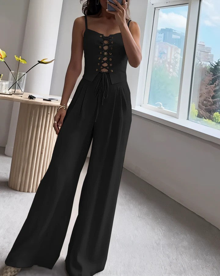 Compleu de damă din două piese, cu top tip corset și pantaloni largi – stil croit fără mâneci, cu șireturi, pentru evenimente de vară, ținute smart casual și ocazii de seară