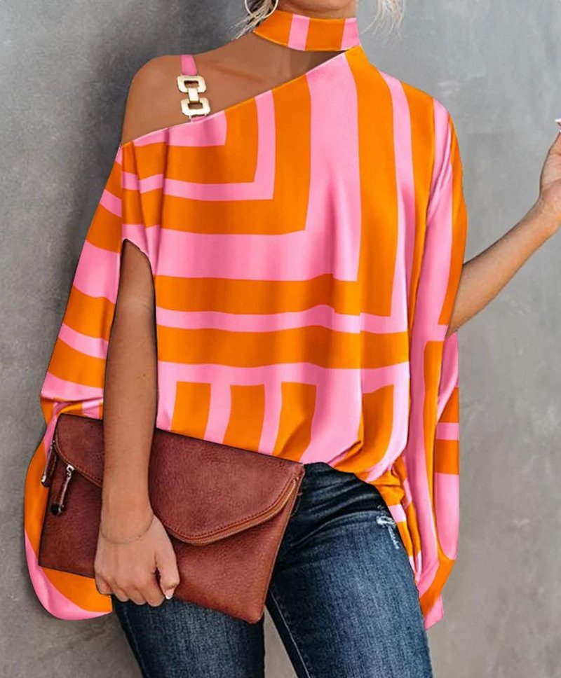 Asymmetrisk choker-top til kvinder – printet draperet bluse til fester og bybrug