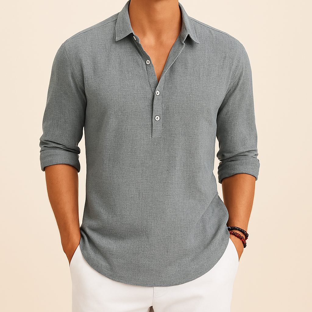 Camiseta Polo de Manga Larga para Hombre, Corte Relajado, Cuello con Botones