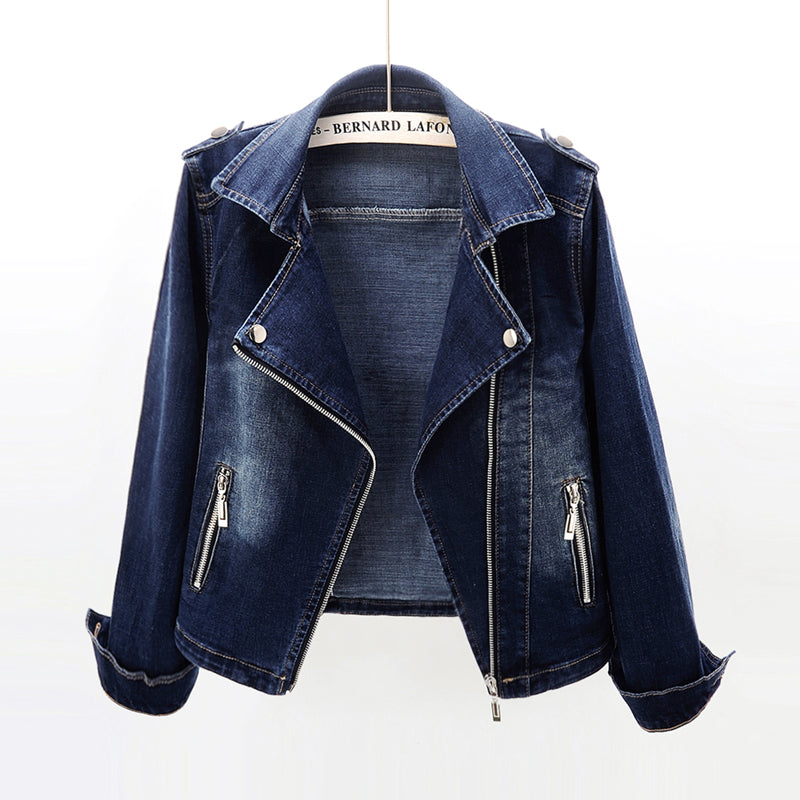 Dames getailleerd spijker-bikerjack met asymmetrische rits en reverskraag - kort stretchjack voor casual styling in lente en herfst