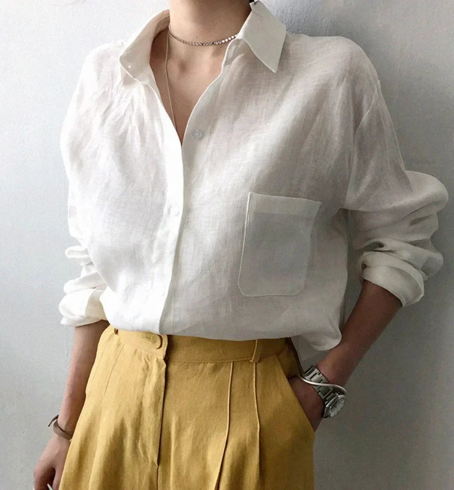 Women’s Relaxed Linen Button-Up Shirt – Breathable Long-Sleeve Style for Work and Leisure