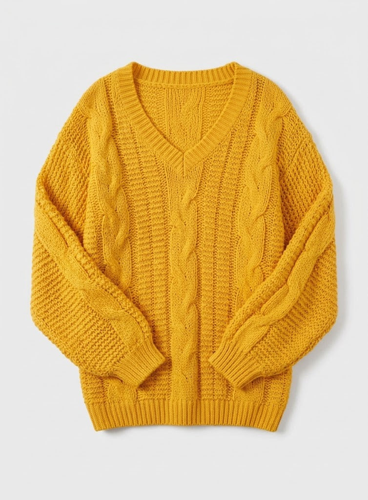 Women’s Off-Shoulder Cable-Knit Sweater – Relaxed V-Neck Pullover for Cosy Seasonal Styling