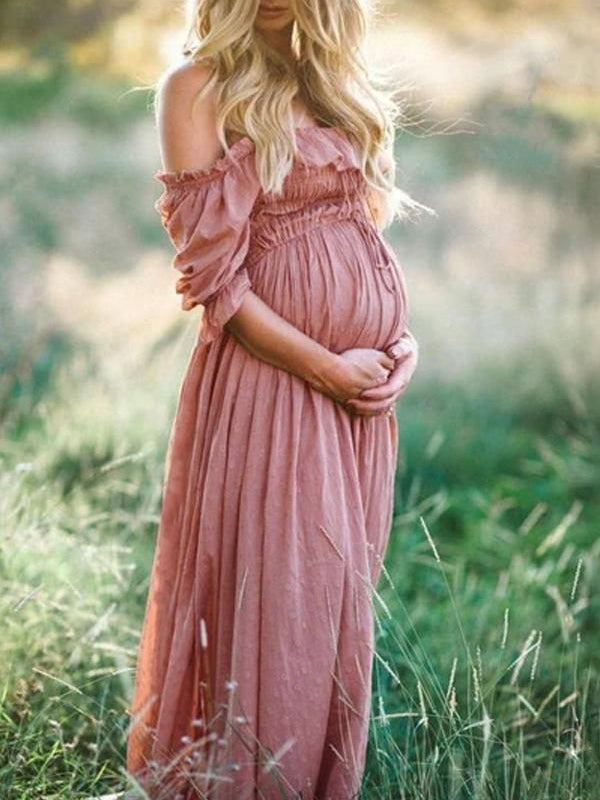 Kvinders off-shoulder graviditets maxi-kjole flydende sommerkjole