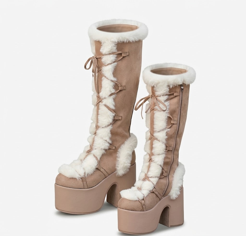 Damen-Schneestiefel aus Wildleder mit Plateau und kniehohem Schaft – winterliche Schnürstiefel mit kuscheligem Futter und Blockabsatz