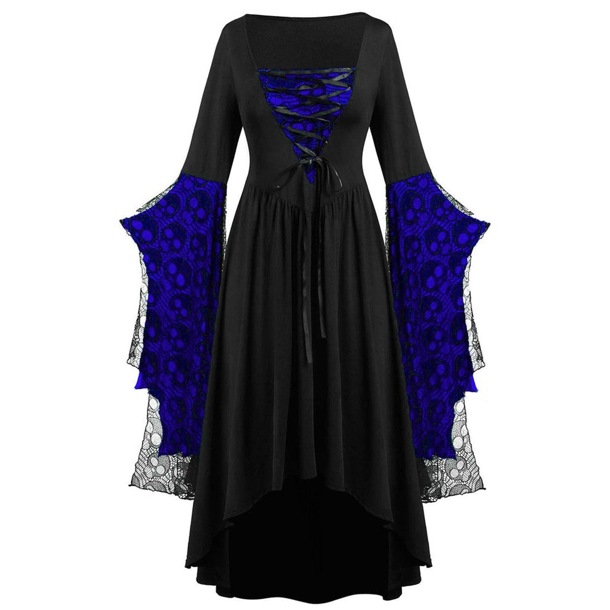 Maxi-jurk met kanten mouwen en verschillende zoomlengtes voor dames - avondjurk met vierkante hals en veterdetail voor themafeesten en speciale gelegenheden