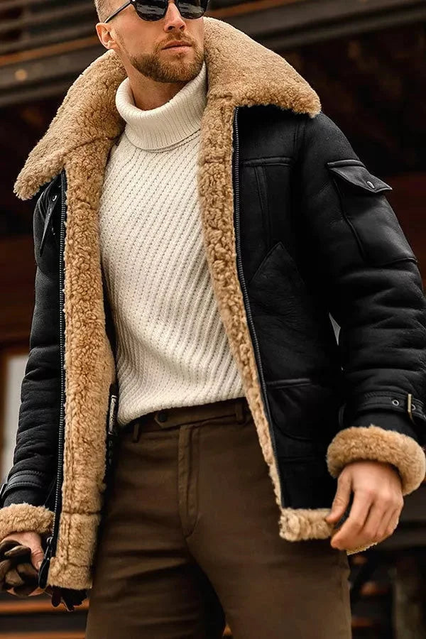 Men’s Shearling-Lined Aviator Jacket – Vintage Winter Layer for Rugged Everyday Styling