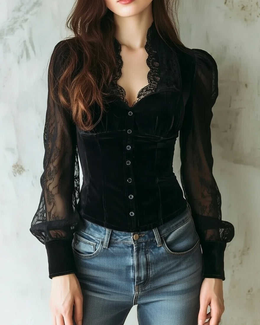 Women’s Fitted Lace-Sleeve Blouse – Button-Front Romantic Top for Work Evening and Everyday Wear