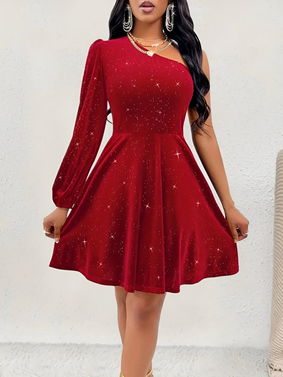 Women’s One-Shoulder Glitter Mini Dress – A-Line Party Style for Evening Celebrations and Special Occasion Wear