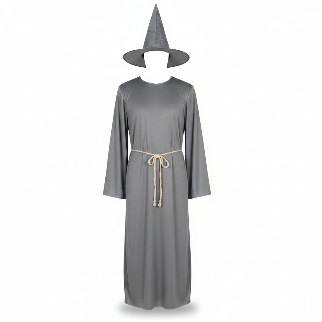 Miesten harmaan velhon kaapu, hattu ja nyöri – halloween-asu