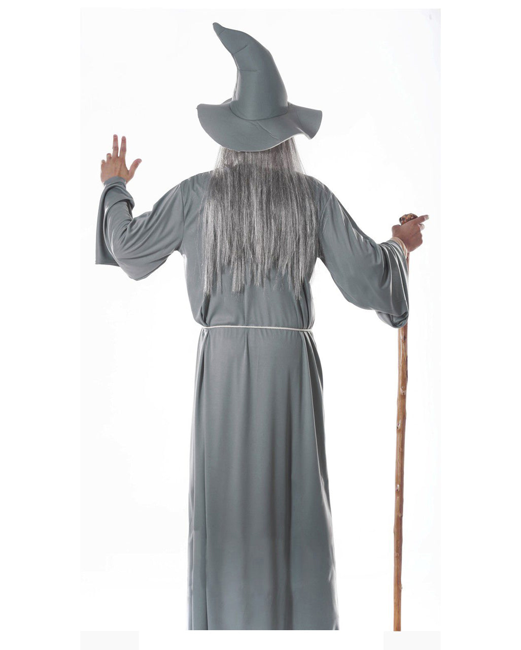 Pánský šedý kostým čaroděje na Halloween s pláštěm, kloboukem a šňůrou