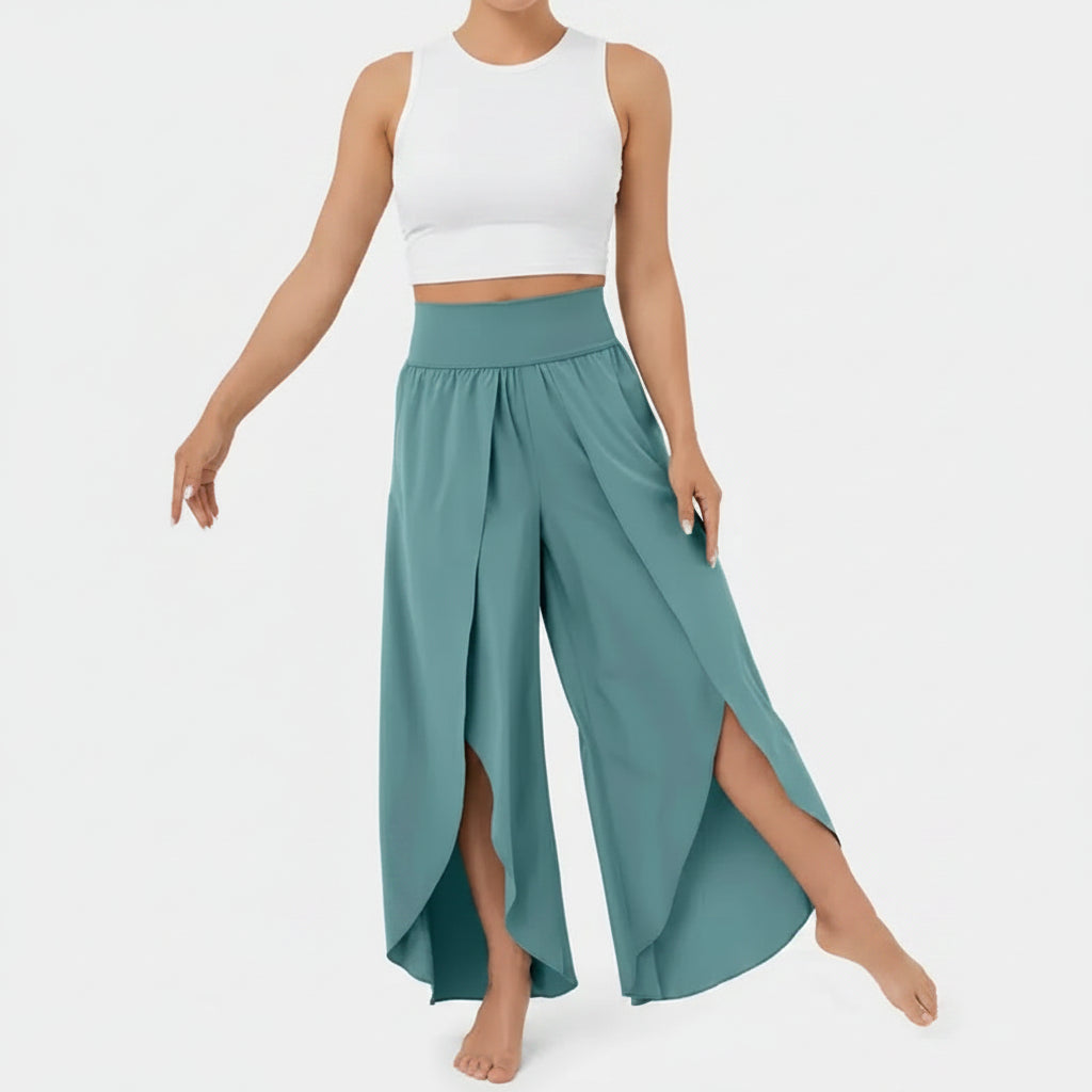 Yoga-broek voor dames met hoge taille en splitpijpen – soepelvallende activewear met wijde pijpen