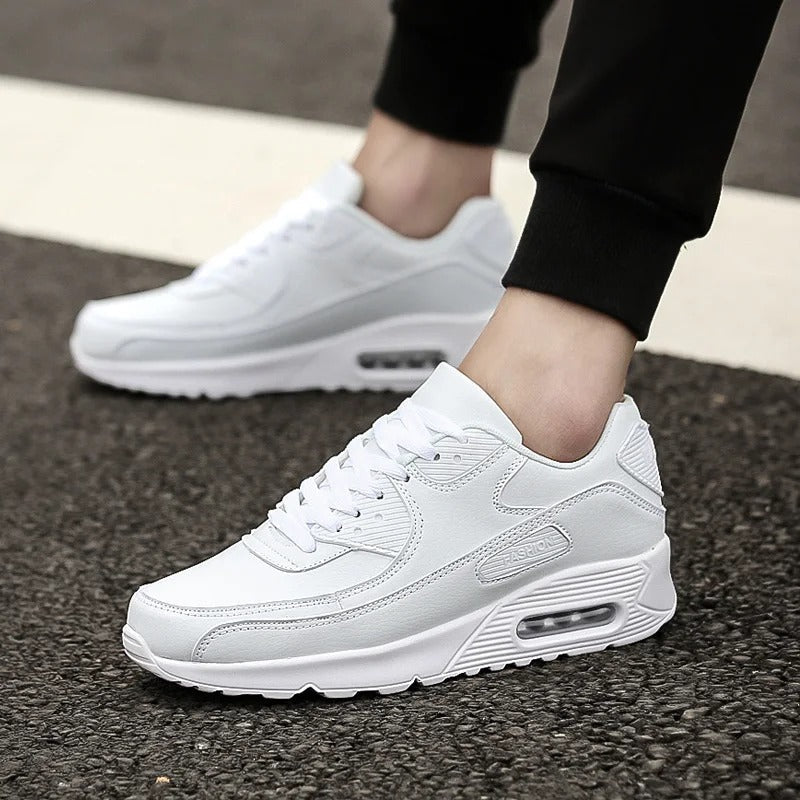 Men’s White Leather Trainers Cushioned Sole Everyday Street Sneakers