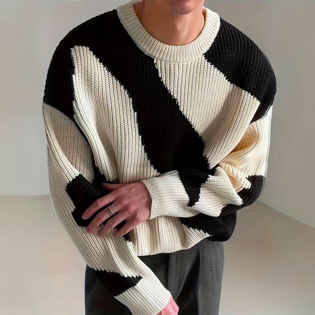 Men’s Luxury Knitted Jumper with Colour Block Wave Pattern Comfortable Warm Casual Everyday Sweater