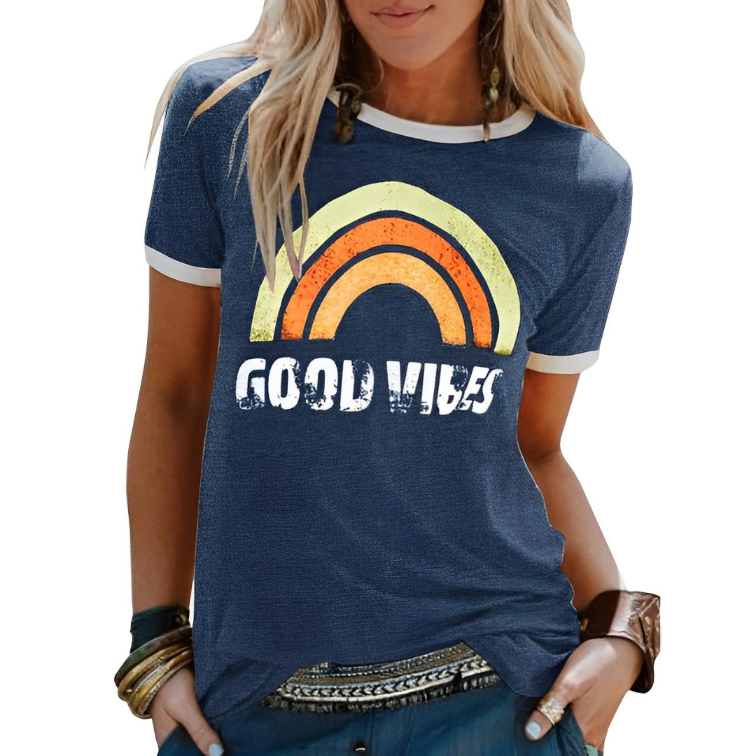 T-shirt Donna con Grafica Arcobaleno, Vibe Positivo, Girocollo, Casual, Confortevole, Manica Corta, Top Quotidiano