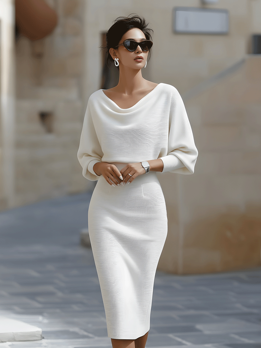Women’s Draped Neck Midi Bodycon Dress – Batwing Sleeve Wedding Guest Style