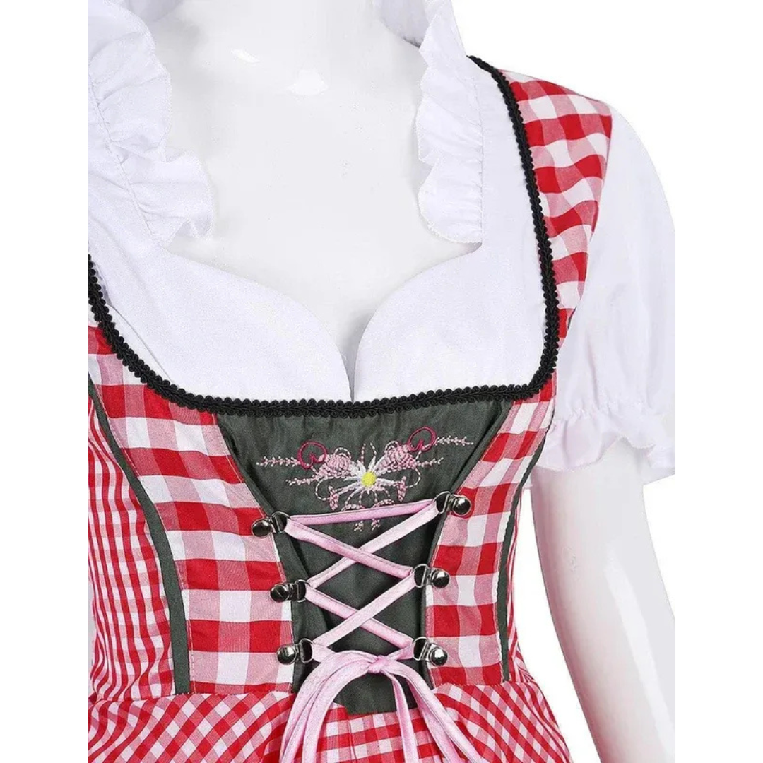 Dámské kostkované dirndlové šaty – šněrovací midi šaty na Oktoberfest pro tradiční oslavy