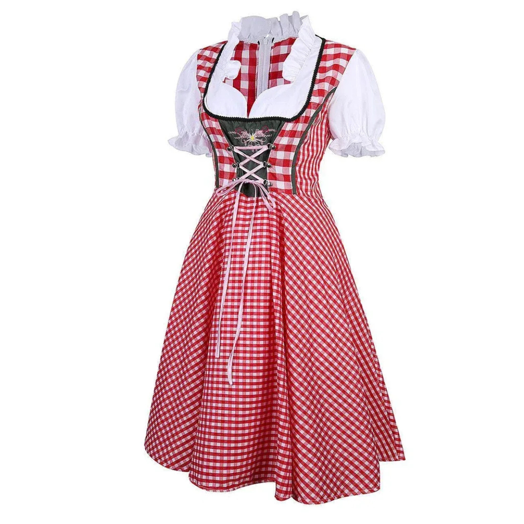 Dámské kostkované dirndlové šaty – šněrovací midi šaty na Oktoberfest pro tradiční oslavy