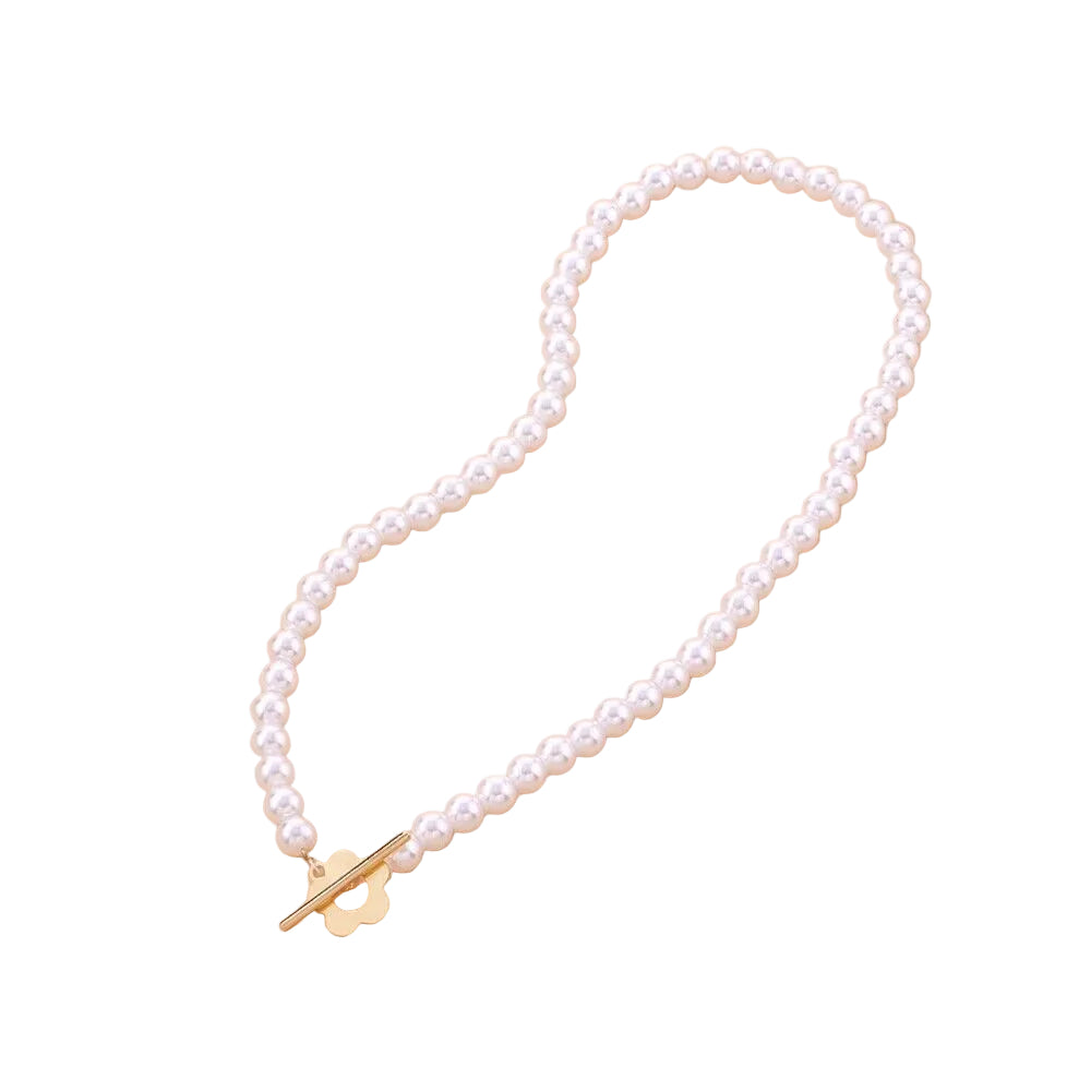 Women’s Beaded Floral Choker Necklace – Black Bead Chain with Flower Toggle Clasp for Day and Evening Wear
