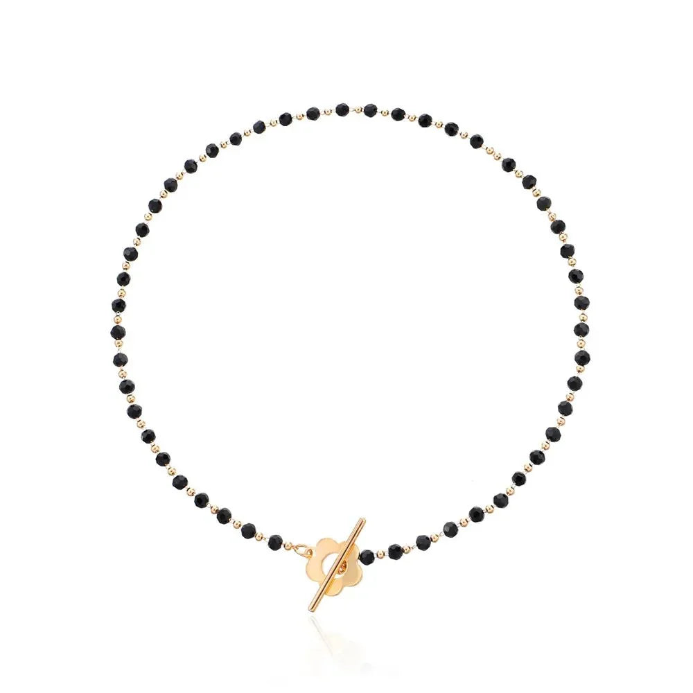 Women’s Beaded Floral Choker Necklace – Black Bead Chain with Flower Toggle Clasp for Day and Evening Wear