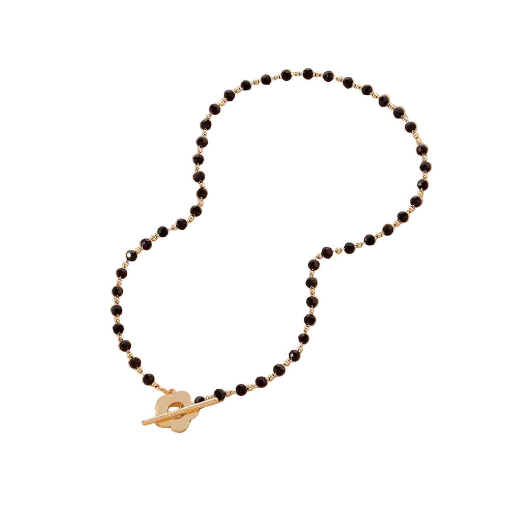 Women’s Beaded Floral Choker Necklace – Black Bead Chain with Flower Toggle Clasp for Day and Evening Wear