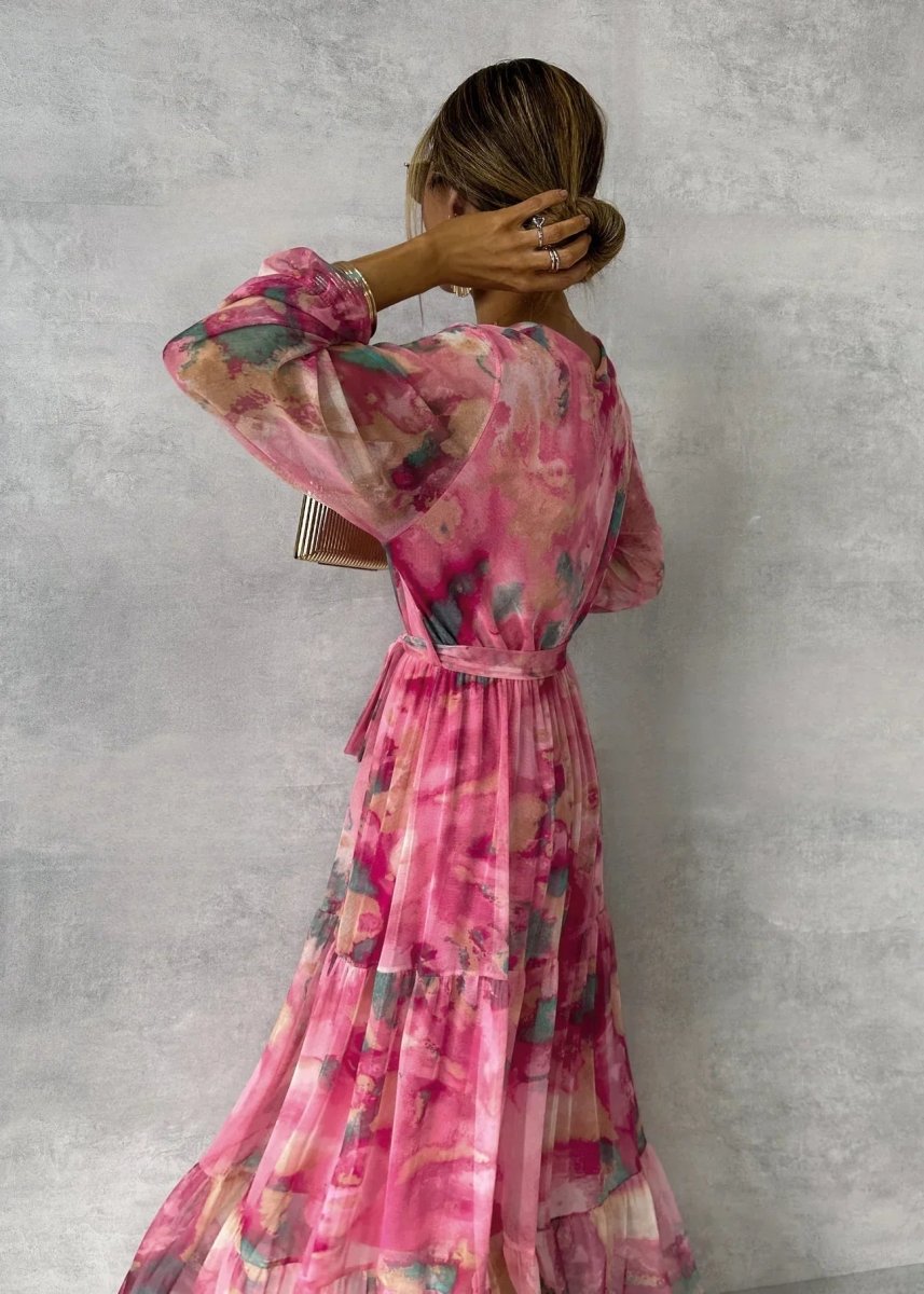 Women’s Printed Wrap Maxi Dress – Belted Long-Sleeve Style for Summer Events