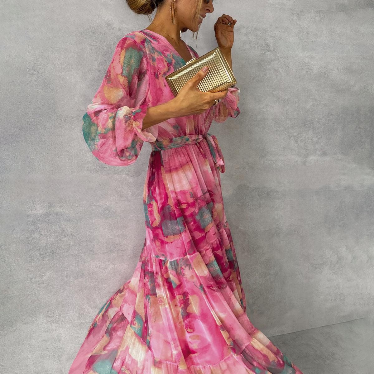 Women’s Printed Wrap Maxi Dress – Belted Long-Sleeve Style for Summer Events