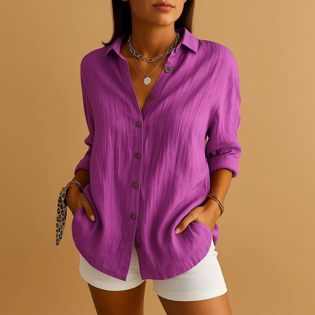 Women’s Relaxed Linen-Look Shirt Blouse – Lightweight Button-Up for Smart Casual Wear