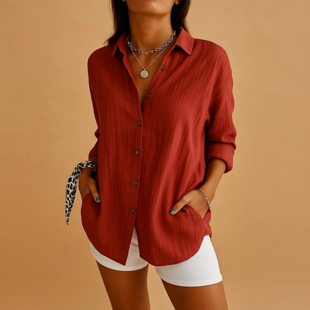 Women’s Relaxed Linen-Look Shirt Blouse – Lightweight Button-Up for Smart Casual Wear